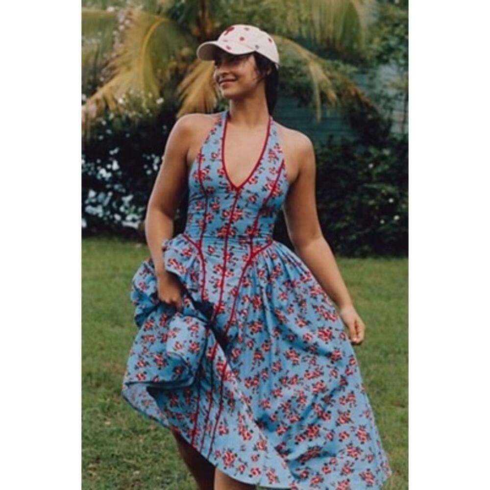 NWT by ANTHROPOLOGIE sz L Halter V-Neck Fit and Flare midi dress in blue floral - Picture 2 of 6